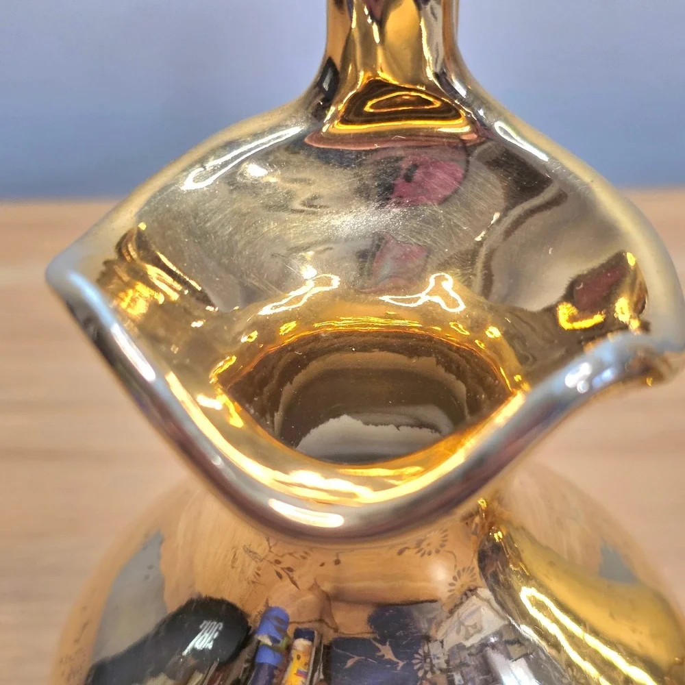 Vintage Gold Painted Ceramic Pitcher Set of Two Mid Century‎ Modern Embossed